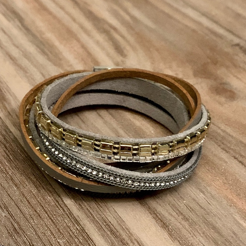 Saachi Gray & Brown Leather Wrap Bracelet